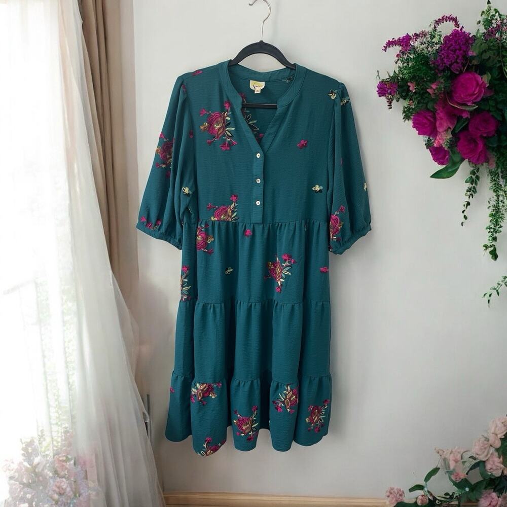 Boho Fig & Flower Embroidered Floral‎ Peasant Dress SIZE Large Anthropologie